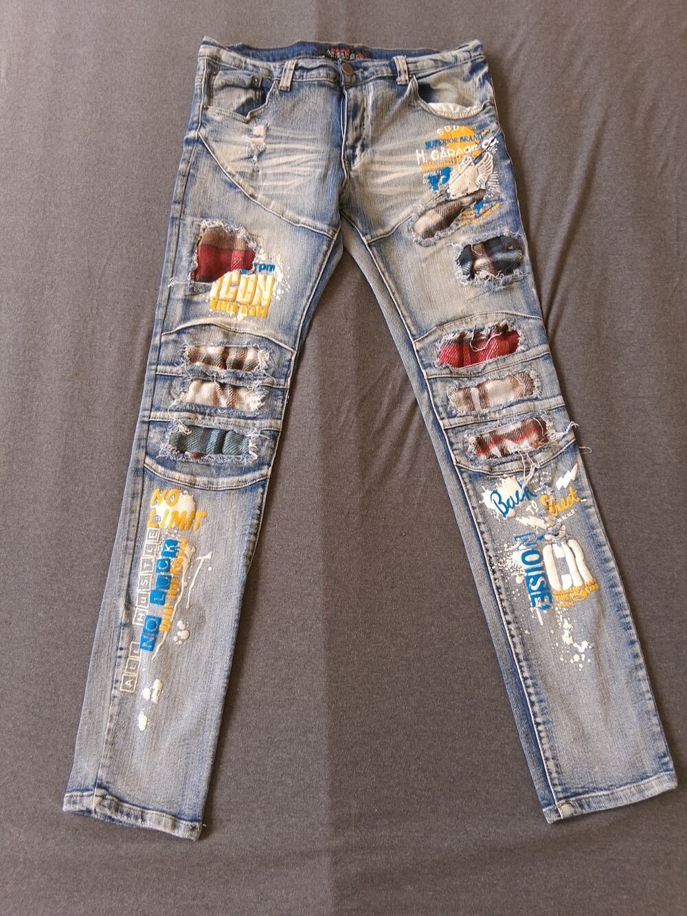 Copper Rivet Men's 34x30 Distressed Moto Jeans Flannel Patchwork Light Wash